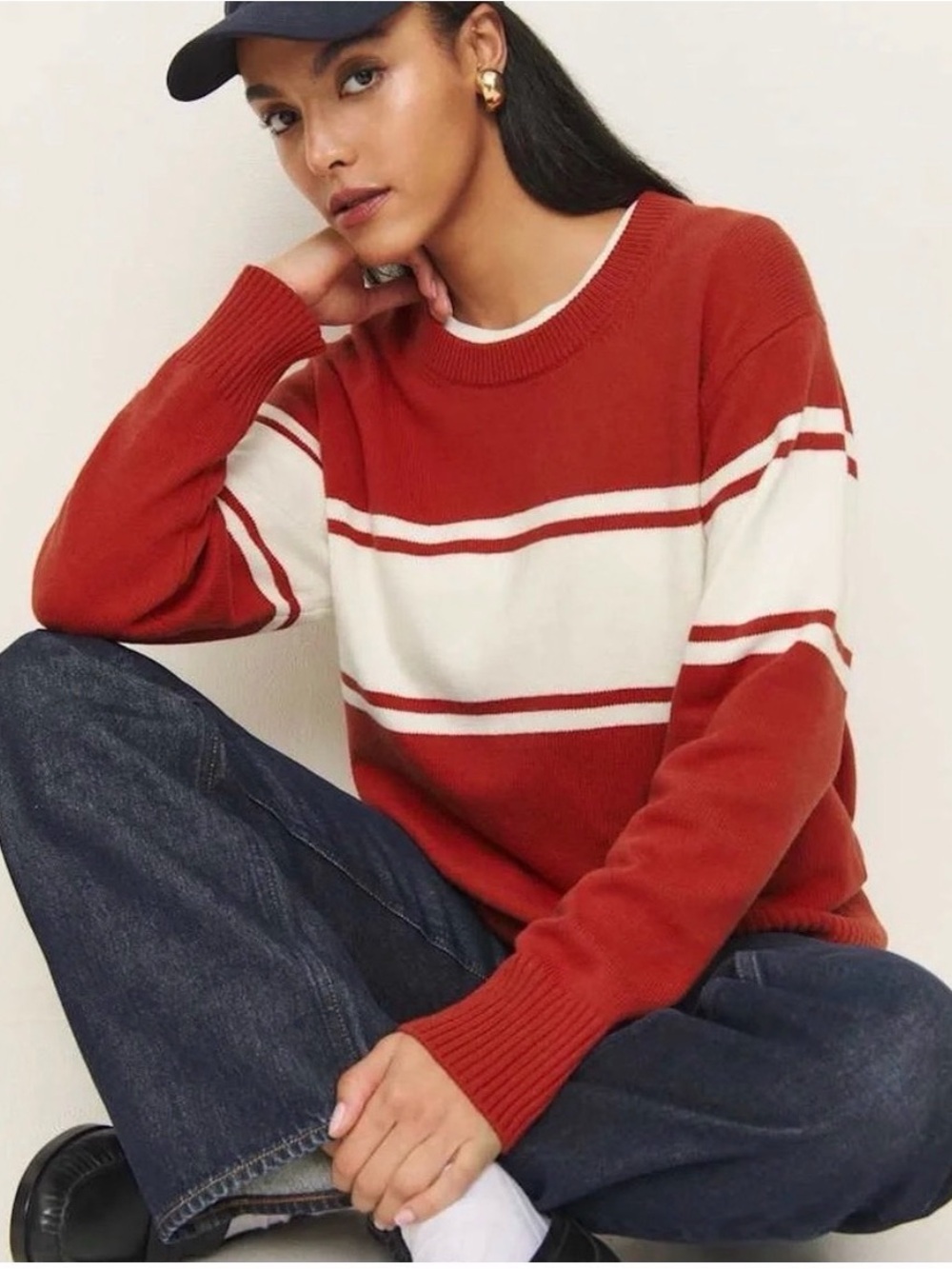 REFORMATION Fields Cotton Cashmere Striped Crewneck Sweater XS runs large EUC